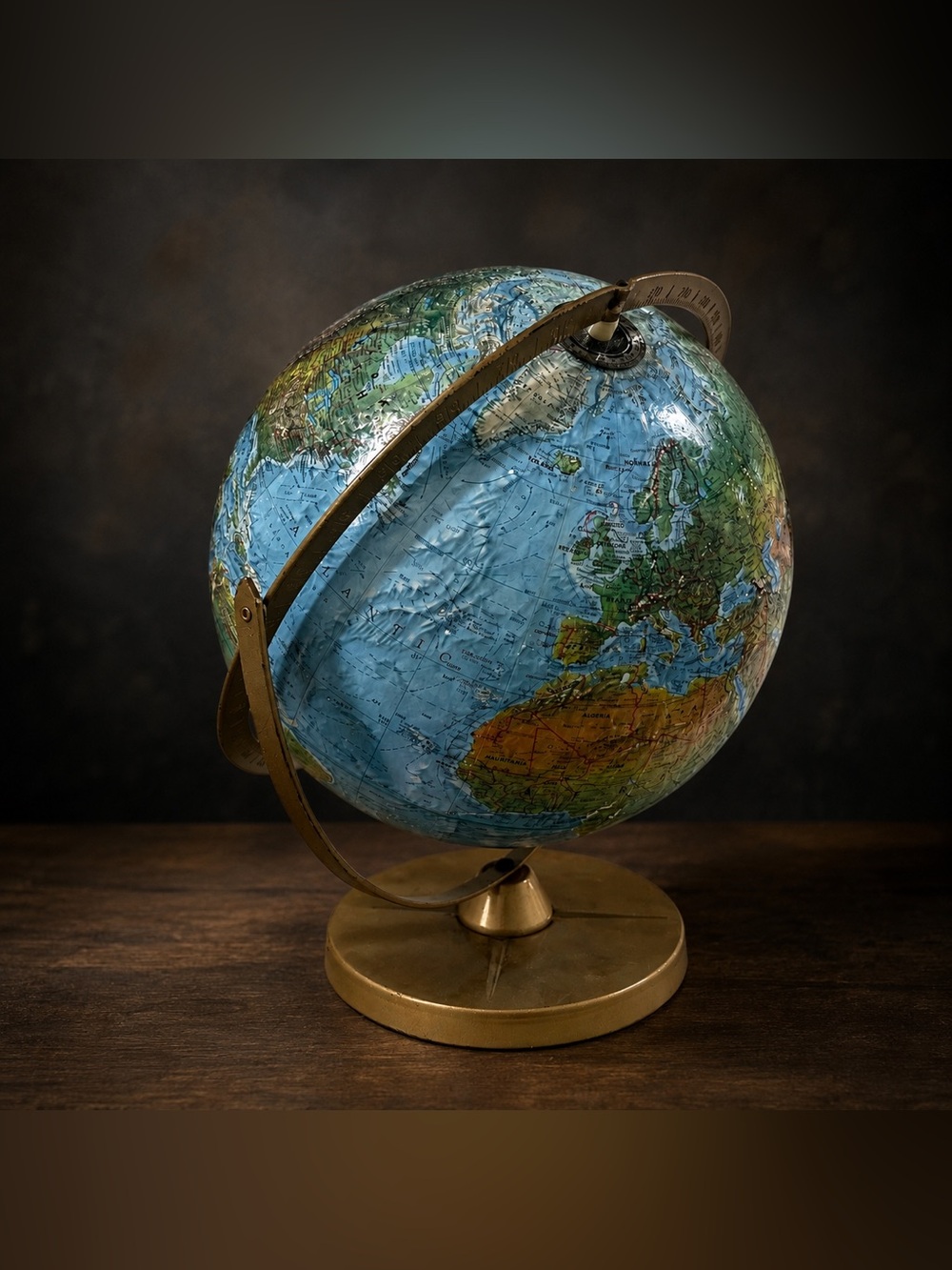 Vintage Replogle Land & Sea 12” Raised Relief World Globe MCM Brass Tone USA